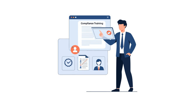 Businessman holding tablet presenting corporate compliance training program online vector illustration. EPS Editable. Vector Illustrations.