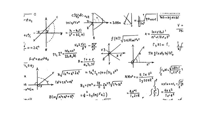 Handwritten mathematical formulas and geometric diagrams on a vector art
