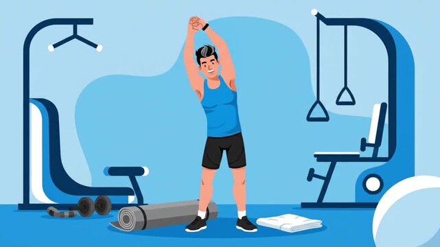 Young man stretching arms and warming up before workout at the gym vector illustration