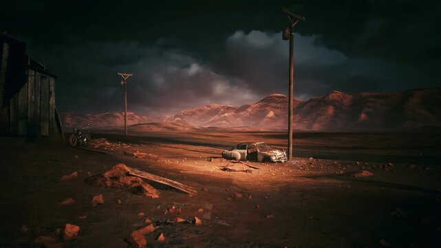 desert night spotlight on rubble and pole near weathered shack, warm pool of light cuts through stormy clouds over distant mountains, scattered debris and tire