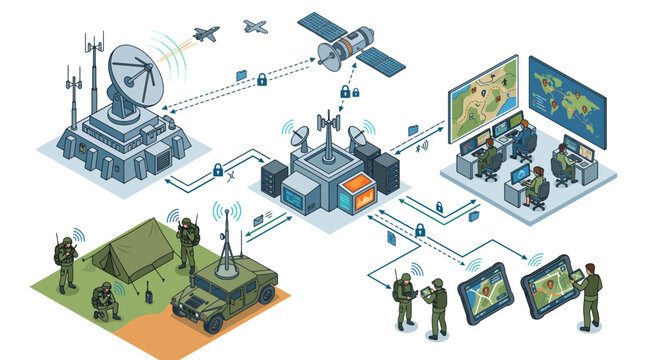 Isometric Military Communication Network and Intelligence Command Center Vector Illustration with Tactical Satellite Surveillance Data Security and Soldiers