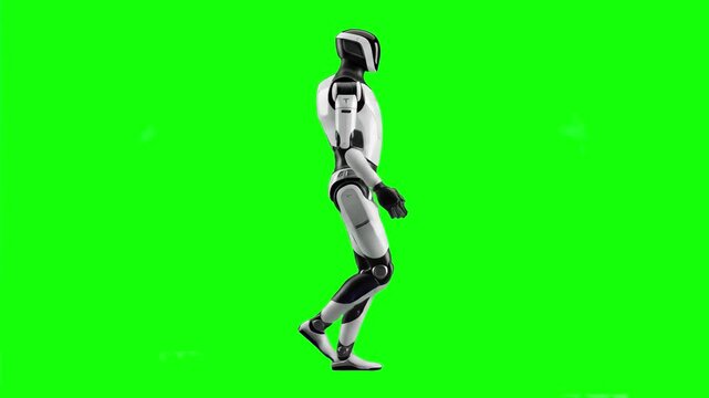 A sleek white and black cybernetic humanoid robot walking in a side profile perspective against a chroma key green screen. Designed for modern tech commercials, futuristic concept videos, and science 