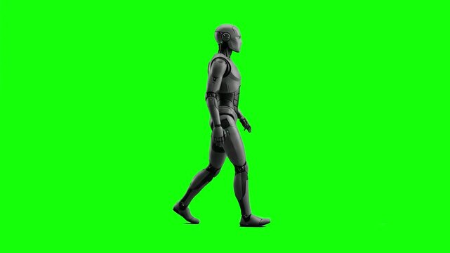 This 3D render features a minimalist matte grey artificial intelligence android walking across a solid green background. Perfect for technological documentaries, corporate AI presentations, and digita