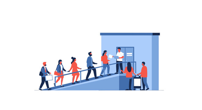 Diverse group of people queueing up a ramp to enter a building with security check vector illustration. EPS Editable. Vector Illustrations.