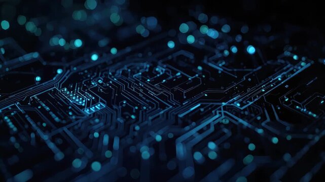 Blue circuit board pattern with glowing nodes and bokeh lights conveying futuristic printed circuit