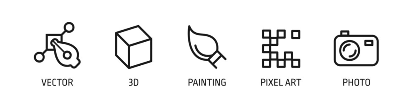 Set of graphic formats simple line icons, vector, raster painting, 3d, pixel art and photo. Vector Illustration.