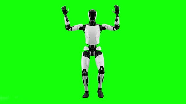A modern 3D rendered cybernetic android robot celebrating and dancing with its arms raised against a solid green screen. Excellent for technology commercials, artificial intelligence showcases, and sc