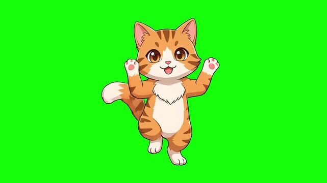 A cheerful 2D anime-style ginger tabby cat mascot dancing happily with paws raised against a solid chroma key green screen background. Ideal for children's entertainment, funny pet content, nursery rh