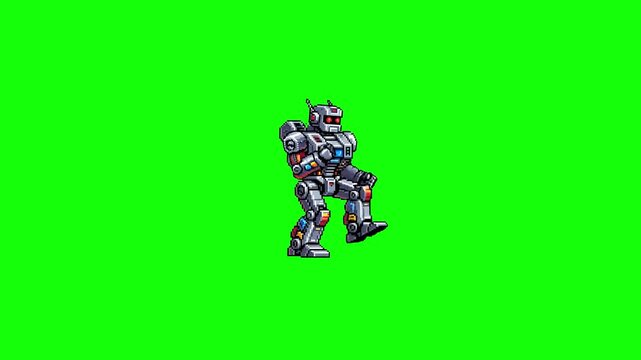 A classic 2D pixelated mecha robot performing a rhythmic dance against a solid green screen backdrop. Perfect for retro video game promotions, chiptune music backgrounds, and nostalgic technology vide
