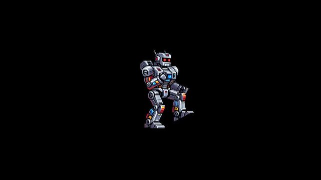 A classic 2D pixel-art style mecha robot doing a rhythmic dance against a solid black backdrop. Designed for retro video game themes, chiptune music backgrounds, and nostalgic tech content.