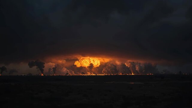 Burning oil field explosion night with glowing fireball smoke plume and burning field dark storm
