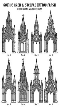 Gothic Arch Tattoo Flash Designs Vector Art Black and White