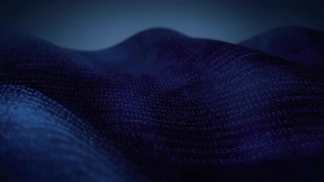 Dark blue binary code waves and digital fabric forming undulating data landscape of calm cyber code