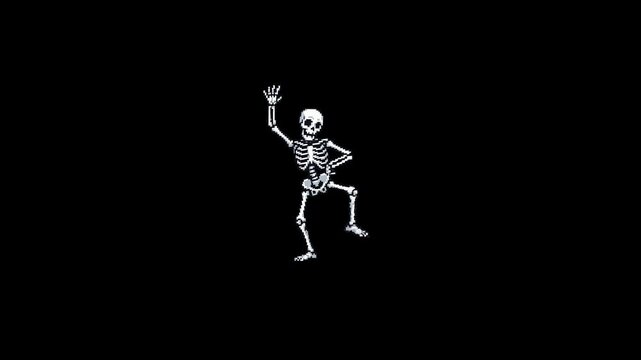 A humorous 2D animated skeleton performing energetic dance moves against a plain black backdrop. This looping asset is perfect for Halloween celebrations, spooky comedy content, and music video overla