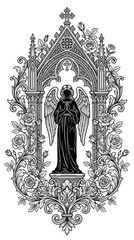 Fototapeta premium Gothic Arch Tattoo Design Featuring Praying Angel and Roses