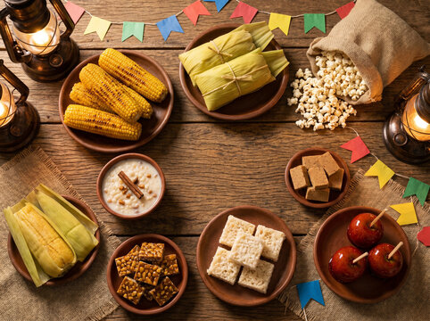 Various brazilian june party food on wooden table