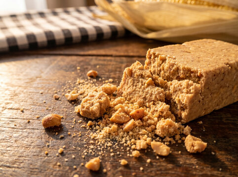 Brazilian peanut candy called pacoca on wooden surface