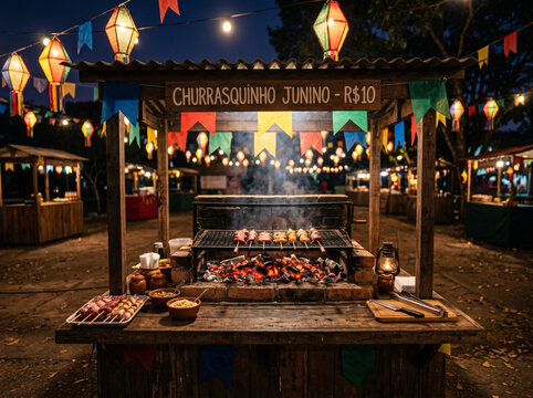 Churrasquinho Junino food stall at night market