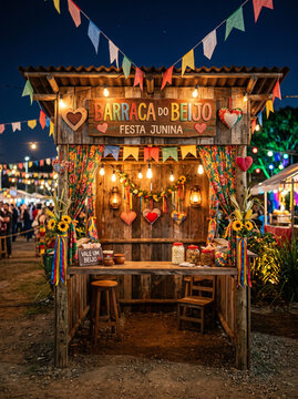 Barraca do Beijo booth with decorations at night