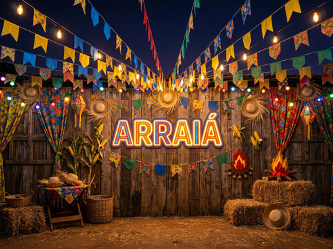 Festa junina setup with arraia sign and decorations