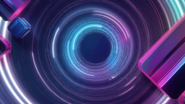 Futuristic neon vortex glowing circular core with floating glossy bars and vibrant pink cyan glow