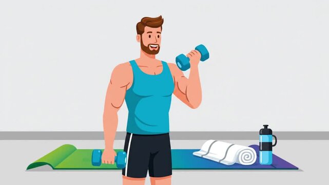 Athletic Man Doing Bicep Curls with Dumbbells at Home Gym Illustration
