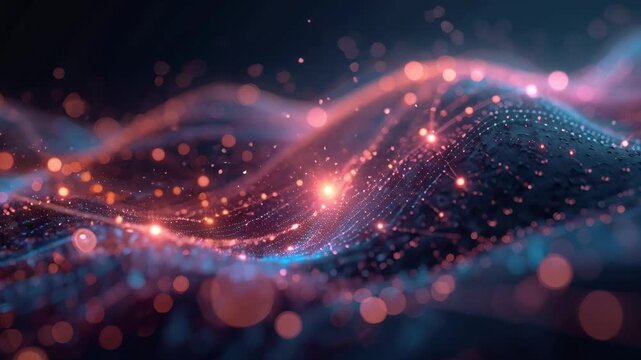 Glowing digital wave of particles, bokeh light and abstract data driven particle motion