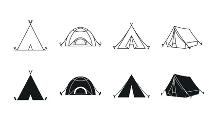 Collection of diverse tent outlines and silhouettes for camping, outdoor adventures, and recreational activities © HUANG