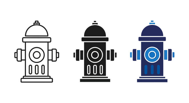 Set of three fire hydrant icons in black and white, solid black, and blue and white, illustrating different styles of this essential safety equipment