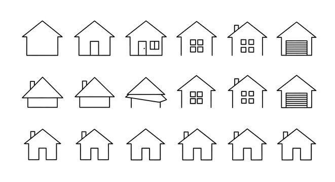 A diverse collection of minimalist line art house icons, perfect for illustrating fundamental concepts of home, property, and architecture in modern digital interfaces and graphic design projects