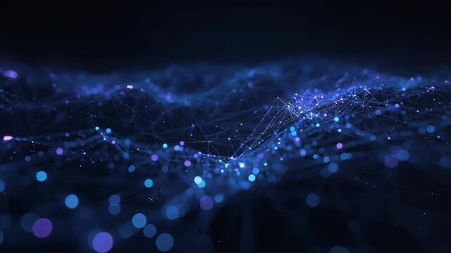 Digital network of glowing blue data points and connecting lines creating mysterious flowing blue