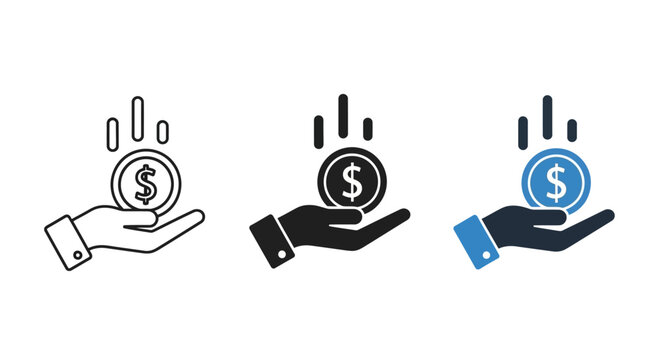 Hand holding a coin with falling coins icon, symbolizing financial growth, investment, and wealth accumulation