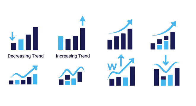 Comprehensive collection of business data charts illustrating market trends, financial performance, and statistical analysis with various growth and decline indicators for reports and presentations