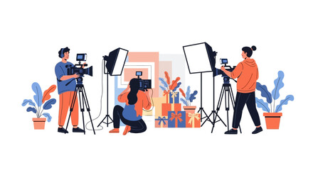 Fototapeta premium Professional video production crew with cameras and studio lighting equipment working on set. EPS Editable. Vector Illustrations.