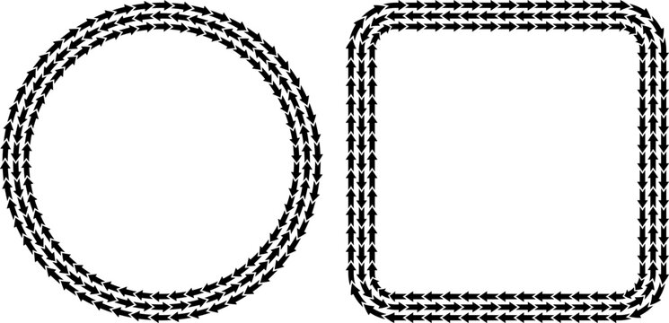 Decorative vector set with black arrow brush frames in circle and rounded square shapes