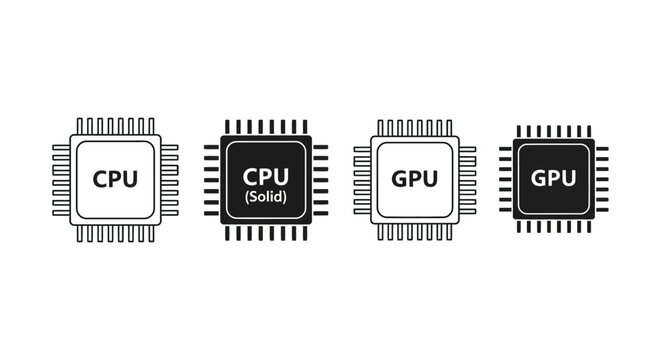 Digital processor symbols collection showcasing Central Processing Unit (CPU) and Graphics Processing Unit (GPU) icons in outline and solid styles, representing core computing hardware