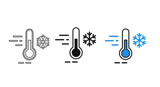 Modern icon collection three cold temperature thermometers with snowflakes and cool air, ideal for weather apps, climate indicators, and winter designs