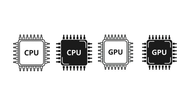 Vector illustration featuring CPU and GPU chips, representing Central Processing Units and Graphics Processing Units as core electronic components for modern computer systems