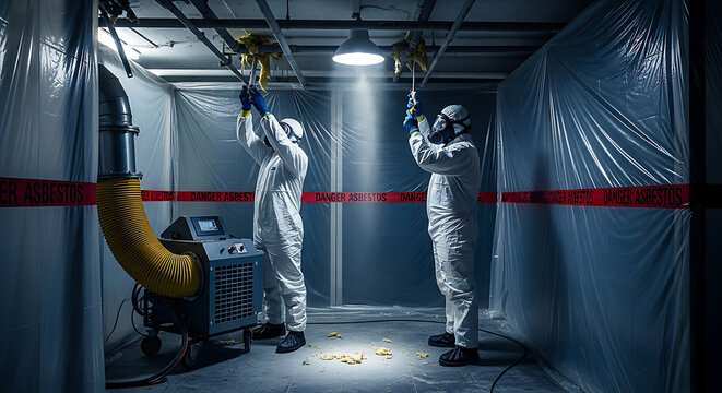 Specialized Asbestos Abatement Professionals in Protective Suits Removing Dangerous Insulation from a Ceiling within a Controlled Containment Zone with Warning Tape