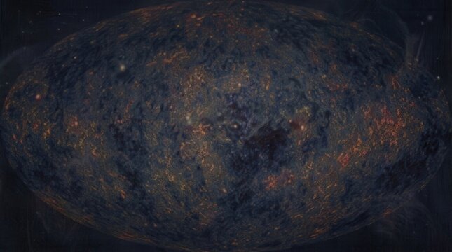 Visual representation of cosmic microwave background radiation showing temperature fluctuations in the early universe via a textured elliptical map with dark blue and amber tones.