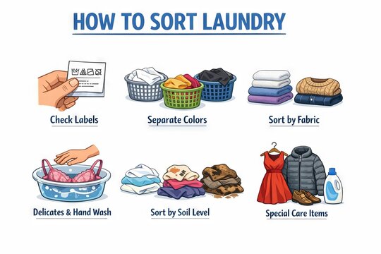 Laundry sorting guide illustration with infographic steps. Woman showing how to check garment labels, separate clothes by color, fabric, soil level, hand wash, and manage special care