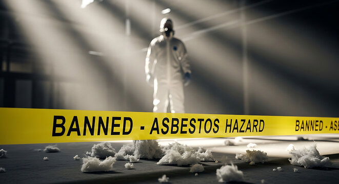 Professional Asbestos Remediation Specialist in Hazmat Suit Working in Contaminated Building with Yellow Caution Tape Marking a Banned Asbestos Hazard Area