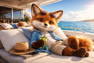 Naklejka premium Cozy cartoon fox relaxing on yacht with refreshing drink in hand and sun hat beside. concept of leisure, luxury vacation, fun summer adventure, anthropomorphic character.