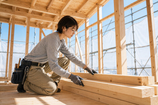 建設現場で木材を運ぶ若い女性職人の横顔
