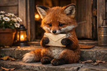 Naklejka premium Cute sad baby fox holding envelope on cozy porch with lantern and warm evening light. Woodland animal messenger. Concept of fairy tale, autumn greeting, kids story, invitation design