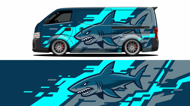 Van with shark graphics and vibrant design.