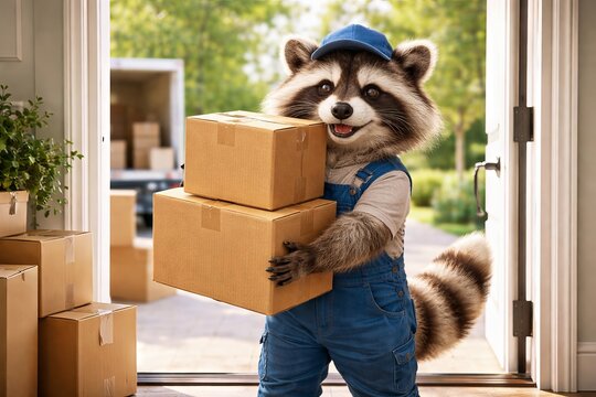 Cute raccoon in overalls and cap delivering cardboard boxes at bright doorway. concept of whimsical animal delivery service, anthropomorphic animal helper, fun moving day.