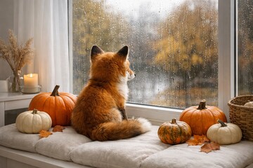 Naklejka premium Red fox sitting on windowsill looking at rain through window with autumn pumpkins and candle. Cozy home atmosphere with seasonal decor for Thanksgiving and Halloween interior decoration