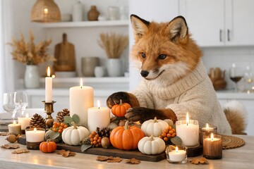 Obraz premium Red fox wearing beige knitted sweater sitting at dining table decorated with candles and pumpkins for autumn holiday thanksgiving. Cozy home kitchen atmosphere with fall harvest decor