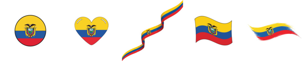 Obraz premium Ecuador Flag Symbols Collection With Ribbon Brush And Heart
